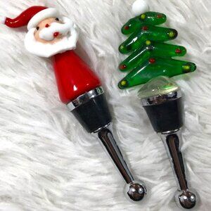 NWOT Set of 2 Santa and Christmas Tree Glass Stoneware Metal Wine Stoppers